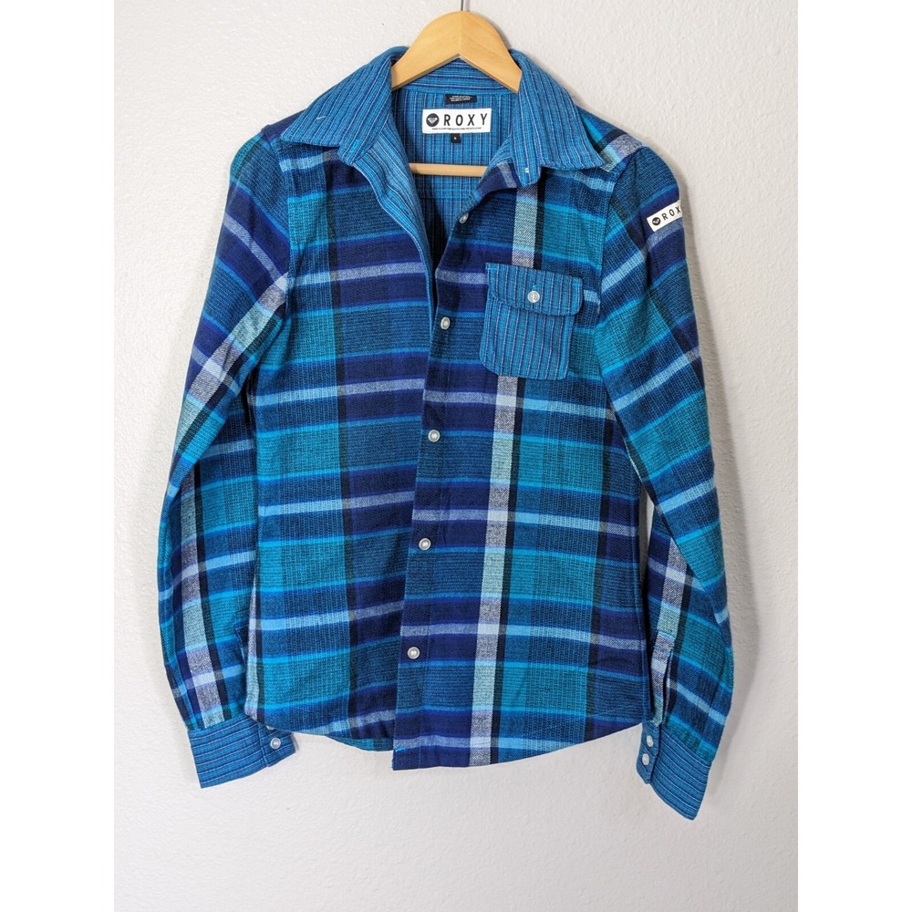 ROXY Women's Shacket Sz Small Plaid blue collared button up Shirt Jacket EUC N76
